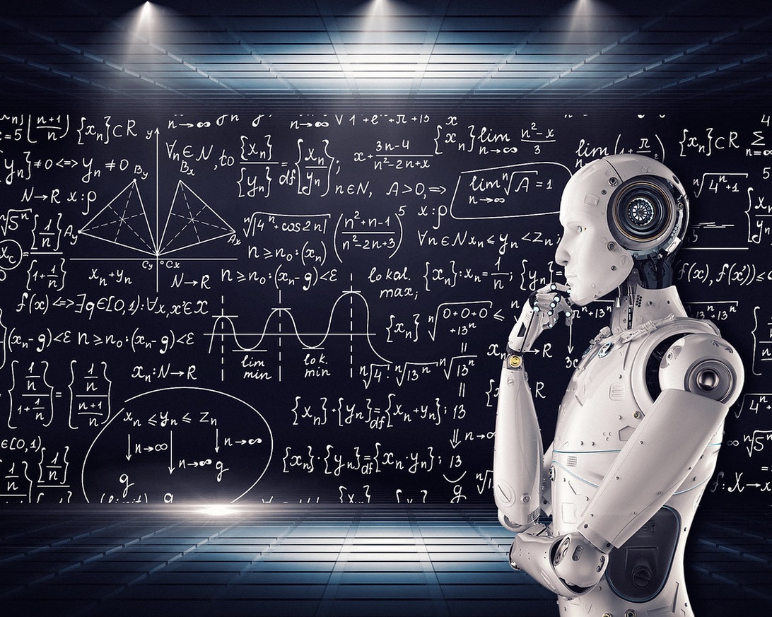 En vit humanoid robot i profil mot en mörk bakgrund med matematiska ekvationer, symboliserande AI:s beräkningsmässiga natur.